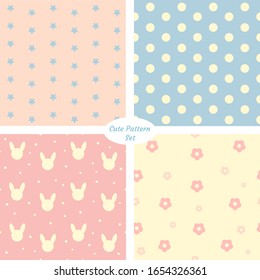 Children's pattern set. Cute seamless background: circles, rabbit, flowers, stars. Pastel color. Vector illustration.