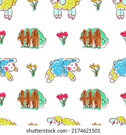 Children's pattern with a sheep, flowers, bushes and a fence. Drawn by hand.