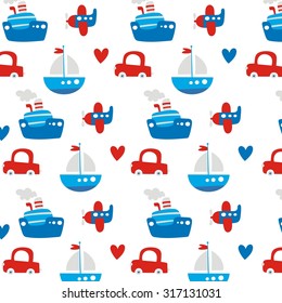 Children's pattern with ship, aircraft, heart