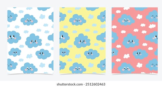 Childrens pattern with smiling clouds. Children illustration. Vector set of cute blue clouds on white background eps. Cloud icon set.