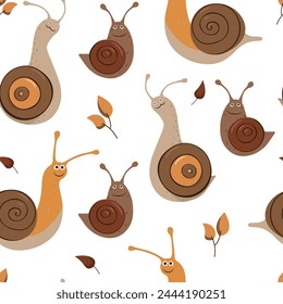 Children's pattern with snails in autumn colors. Funny snails on a white background. Autumn leaves.