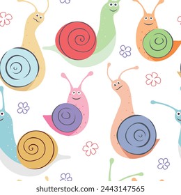 Kindermuster mit Schnecken. Mehrfarbige Schnecken mit Blumen auf weißem Hintergrund.