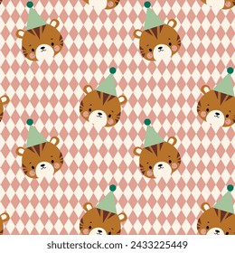 Children's pattern with a tiger's head in a cap on a background of rhombuses. 
