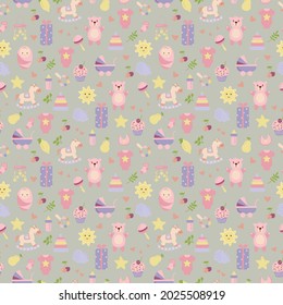 Children's pattern with children's toys, objects. Seamless background with baby things. Design of fabrics, textiles, wallpaper, packaging, Decoration for the nursery.