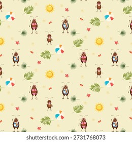 Children's pattern tropical backgrounds. Cute cockroaches on the beach. Wallpaper for children's rooms.