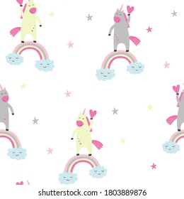 Children's pattern unicorns on rainbow holds hearts. Vector seamless pattern for children. For wallpaper, textiles, fabric, paper.