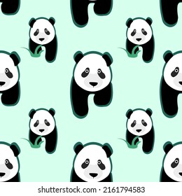 Children's pattern. Walking panda with grass pattern. Background with animal theme. Cute background, cute pattern for wallpapers, covers, sheets, blankets, kids room