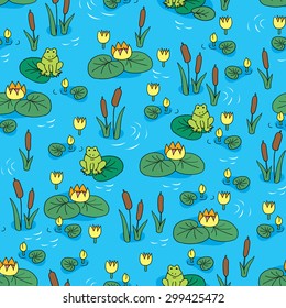 Children's pattern for wallpaper, depicting frogs, cattails, lilies, water lilies, seamless pattern, background, vector background, green