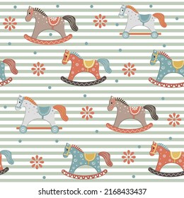 A children's pattern with a wooden horse in the boho style. Color vector illustration