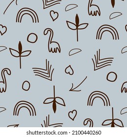 Children's patterns with a dinosaur and a rainbow. Design for factories for printing fabrics, wallpapers, paper, postcards, packaging.