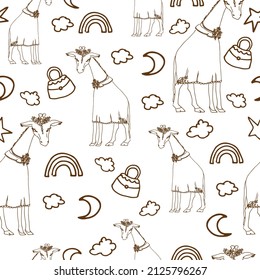 Children's patterns with giraffes. Drawing on a white background, suitable for printing on fabric, wallpaper, packaging, for the interior of a children's room, a newborn's bedroom.