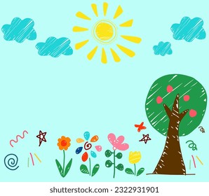Children's pencil drawings using bright colors. There are pictures of trees, flowers, clouds and so on. This image is suitable for kindergarden