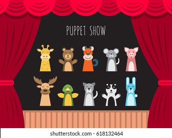 Childrens Performance In The Puppet Show At The Theater With Price, Curtain And Scenery.