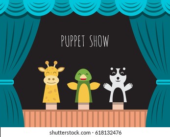 Childrens performance in the puppet theater at the theater with price, curtain and scenery.