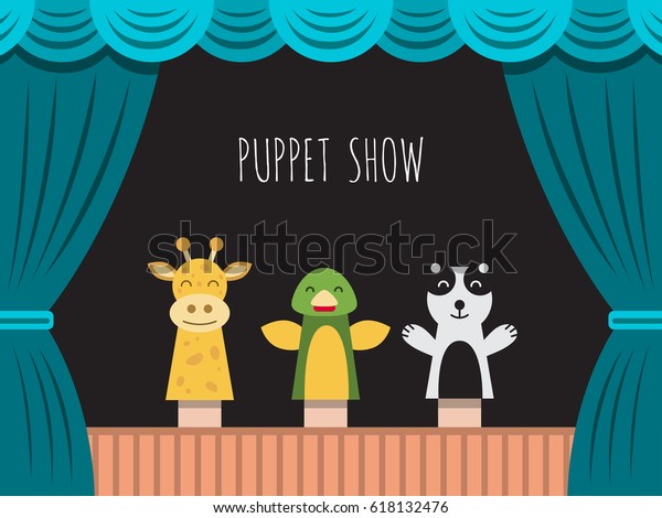 Childrens performance in the puppet\
theater at the theater with price, curtain and\
scenery.