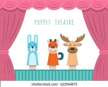Childrens performance in the puppet theater at the theatre  with price, curtain and scenery.