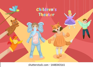 Children's performance, stage costumes, prince and princess puppet dolls animals, children's theater for preschoolers. Vector flat cartoon illustration.