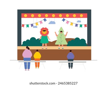 Kinderaufführung in einem erzählten Märchen, Theater-Vektorillustration.