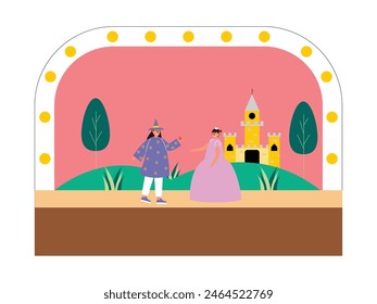 Representaciones infantiles en roles según un cuento de hadas, Ilustración vectorial teatral.