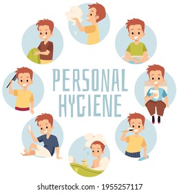 Juego de infografía de higiene personal infantil, ilustración plana vectorial.