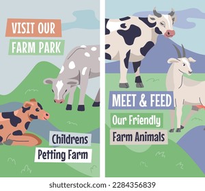 Childrens petting farm, visit our park with friendly animals. Pure nature and cattles, goat and cow, calves grazing on the meadow. Weekend for relatives, parents and kids. Vector in flat style