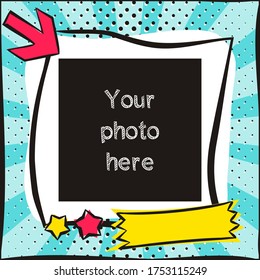 Children's photo book in pop art style. Bright page for a photo album. Template for the design of frames for photographs, posters, cards, stickers. Vector illustration.