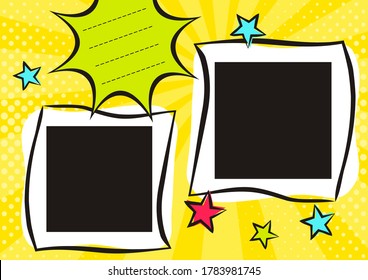 Children's photo book in pop art style. Bright page for a photo album. Template for the design of frames for photographs, posters, cards, stickers. Vector illustration.