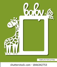 Children's photo frame with a funny giraffe, a butterfly and the inscription - baby. The ratio is 2:3. Template for laser plotter cutting (cnc) of paper, plastic, metal, plywood or wood. Vector image.