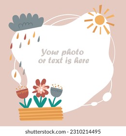 Children's photo frame, invitation template with sun and flowers