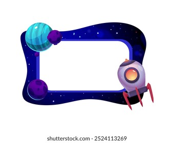 Children's photo frame in space style. Spaceship with aliens, planets, meteorites. Photo frame border with universe, starry sky. Place for photography. Cartoon vector illustration on white background.