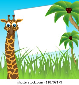 Children`s photo framework. Funny giraffe on background of palm trees. The vector art image.