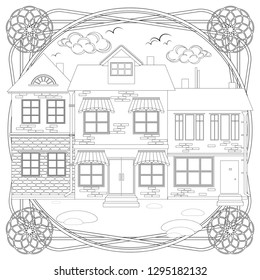Children's picture for coloring. Old cottages in an elegant vintage frame. Fragment of an old street. Vector illustration