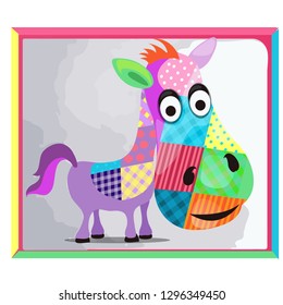 Childrens picture with a picture of a donkey made of colorful patches. Vector cartoon close-up illustration.