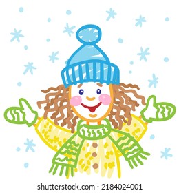 Children's picture. Happy little girl catches the first snowflakes. Drawing with a marker or colored chalk. In cartoon style. Isolated on white background. Vector illustration