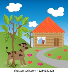 children's picture with a house and a cow near a tree