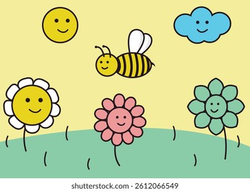 children's picture, landscape with flowers, bee, sun and cloud, flowers with faces, cute bee, flower meadow, nature, children, emoticons
