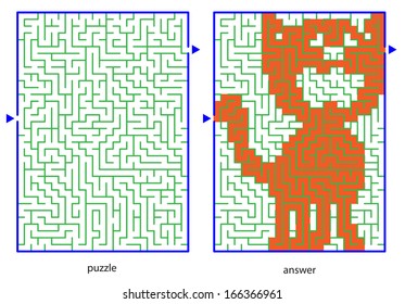 Children's picture logic puzzles, draw a line in this maze from start till end and discovers the hidden image