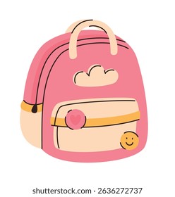 Children's pink backpack with cloud image. Flat vector illustration.