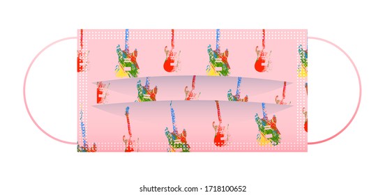 Childrens pink medical face mask with funny pattern of guitars. Respiratory protection for children. Isolated vector on white background