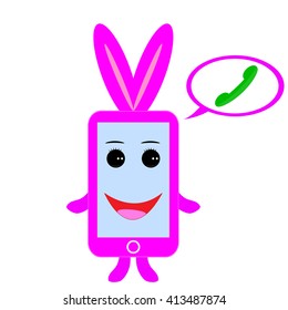 Children's pink phone with ears in a cartoon style. Vector illustration. Icon, Sticker, element for design.