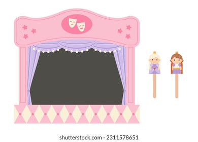 Children's pink puppet theatre on a white background. The theater stage with red curtains and dark background. Flat