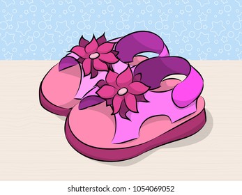 Childrens pink sandals. Brochure for fashion. Vector illustration