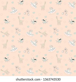 children's pink seamless pattern with boats, sharks, giraffes, bears and hearts