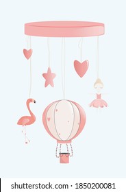 Children's pink toy for girls with an aerostat, ballerina, Flamingo, hearts and a star. Vector illustration