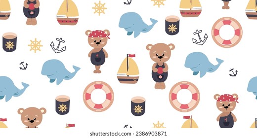 Children's pirate pattern. Perfect for printing on fabric and paper. Children's textiles and vinyl wallpaper with a pirate bear, a boat, an anchor and a whale.