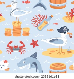 Childrens pirate seamless pattern. Cartoon characters. Seagull sailors, Ship captain with cocked hat. Shark, crab in vest. Bottle, corals, skull, barrel and starfish. For wallpaper, fabric, packaging