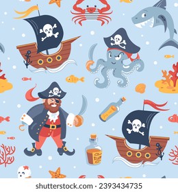 Childrens pirate seamless pattern. Cartoon characters. Corsair Captain with hook and cocked hat. Shark, Ship and octopus, crab in vest, skull, starfish. Bottle, corals. For wallpaper, fabric, wrapping