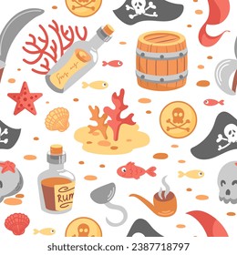 Childrens pirate seamless pattern. Hook and cocked hat, sailors saber, skull, barrel and starfish. Bottle, smoking pipe, gold doubloon, rum, coral. For wallpaper, fabric, packaging