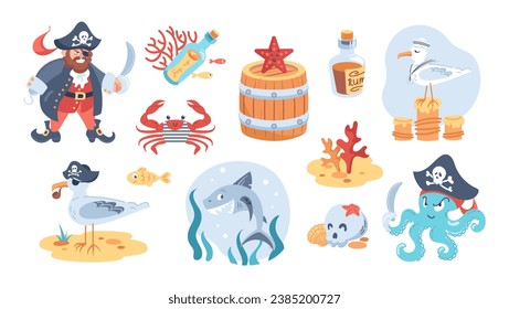 Childrens pirate set. Set of cartoon characters. Ship captain with hook and cocked hat. Octopus with a saber. Shark and seagull sailors, crab in vest, skull, barrel and starfish. Bottle, rum, corals