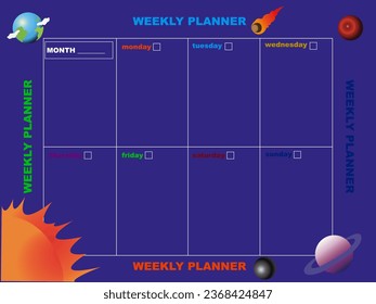 Childrens planner for the week, in the style of space with different sun planets on a purple background